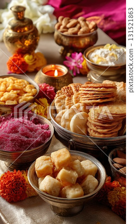 Assorted Indian sweets and snacks arranged in ornate bowls with flowers and candle, celebrating festive Diwali vibes. Concept of cultural tradition, celebration of light and rich culinary heritage Assorted Indian sweets and snacks arranged in ornate bowls with flowers and candle, celebrating festive Diwali vibes. Concept of cultural tradition, celebration of light and rich culinary heritage 131521863