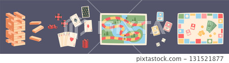 Flat cartoon boardgame set with colorful game elements. Includes blocks game, poker chips, and snake path tiles. Features dice, money, table cards for fun entertainment. Ideal for childhood leisure, Flat cartoon boardgame set with colorful game elements. Includes blocks game, poker chips, and snake path tiles. Features dice, money, table cards for fun entertainment. Ideal for childhood leisure, 131521877