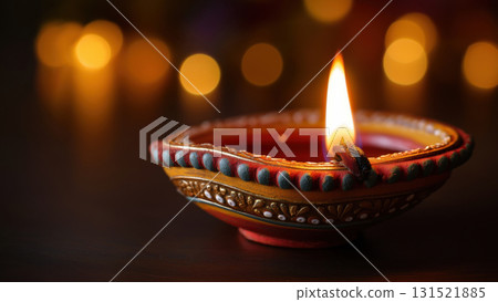 Lit diya glows brightly, created with AI 131521885