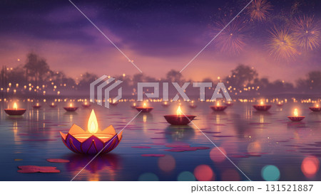 Candles float during Diwali festival, created with AI 131521887