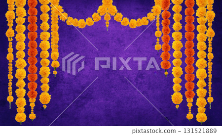 Marigold garlands decorate, space for text, created with AI 131521889