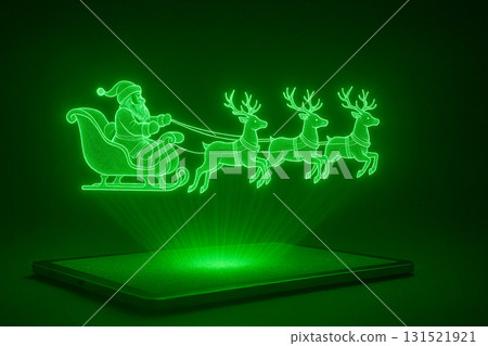 Digital hologram of Santa riding a sleigh with reindeer projected above a tablet 131521921