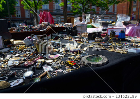 Old vintage things on the street flea market on Place du Jeu de Balle, Marolles district of Brussels, Belgium Old vintage things on the street flea market on Place du Jeu de Balle, Marolles district of Brussels, Belgium 131522189