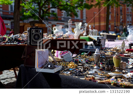 Old vintage things on the street flea market on Place du Jeu de Balle, Marolles district of Brussels, Belgium Old vintage things on the street flea market on Place du Jeu de Balle, Marolles district of Brussels, Belgium 131522190