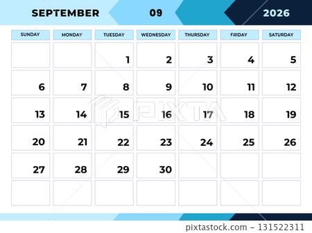September 2026, planner monthly design. Calendar 2026, Week Starts Sunday, One Page. Design Planner Template. Print. 131522311