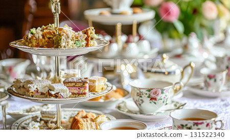 Elegant table setting for tea party with cakes and cupcakes in English manor. Vintage style. Elegant table setting for tea party with cakes and cupcakes in English manor. Vintage style. 131522340