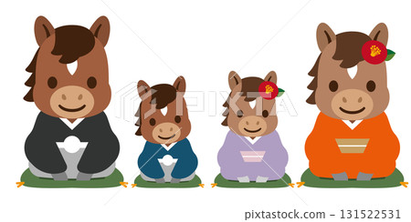 馬家族，父母和孩子穿著和服，新年賀卡插圖材料 131522531