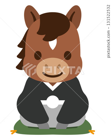 穿著和服、端坐的馬兒形象，新年日式插畫 131522532