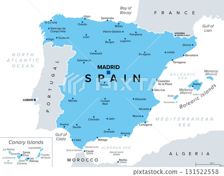Spain, political map, with capital Madrid, the Balearic Islands, Canary Islands, and largest cities. Kingdom of Spain, a country in Southern and Western Europe with territories in North Africa. Vector 131522558