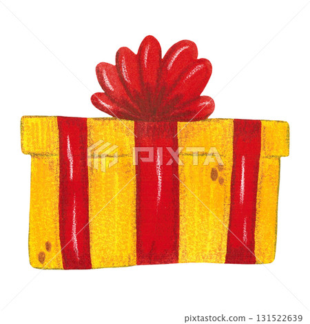 Watercolor yellow gift box with a red ribbon on a white background, cartoon. The illustration is hand drawn. Drawing for stickers, cards, scrapbooking, posters 131522639