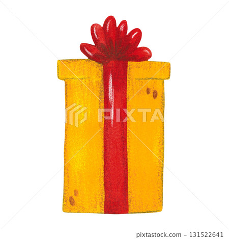 Watercolor red gift box with yellow ribbon on a white background, cartoon. The illustration is hand drawn. Drawing for stickers, cards, scrapbooking, posters Watercolor red gift box with yellow ribbon on a white background, cartoon. The illustration is hand drawn. Drawing for stickers, cards, scrapbooking, posters 131522641