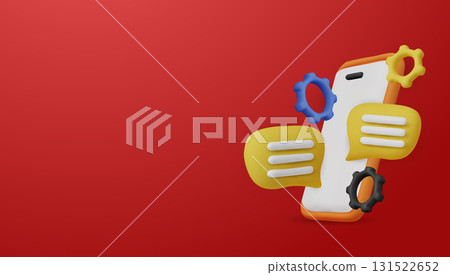 3D smartphone with chat bubbles and gears. A concept for customer support, chatbot services, and technical assistance. 3D smartphone with chat bubbles and gears. A concept for customer support, chatbot services, and technical assistance. 131522652