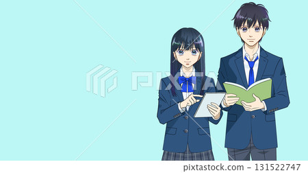 Anime-style illustration of male and female high school or junior high school students holding tablets and books, simple background, copy space on the left Anime-style illustration of male and female high school or junior high school students holding tablets and books, simple background, copy space on the left 131522747