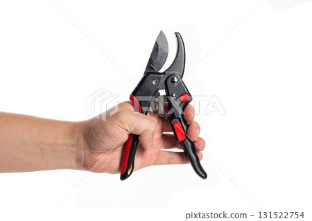 Quality pruning shears held in a hand ready for gardening tasks in a bright and clear environment, isolate. White background Quality pruning shears held in a hand ready for gardening tasks in a bright and clear environment, isolate. White background 131522754