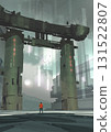 Man Standing Before a Futuristic Torii Gate 131522807