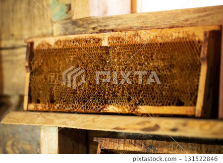 Bee frame with honey, wax and honeycomb on a wooden shelf, close-up 131522846