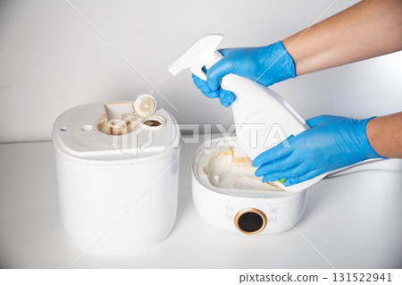 Spraying a chemical rust and scale remover into a humidifier. Home humidifier maintenance, close-up. Copy space for text 131522941