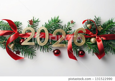 Festive 2026 New Year decoration with golden numbers, red ribbon, fir branches and Christmas ornaments on white background. Perfect for holiday greeting cards and seasonal design 131522990