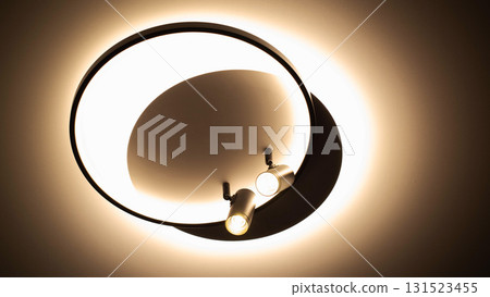 Modern ceiling diode chandelier with bulbs, close-up, design 131523455