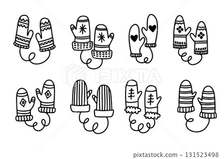 Cute hand drawn doodle mittens illustration in black on white background. Perfect for winter design, holiday cards, stickers, kids projects, and cozy decorations. 131523498