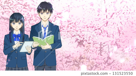 動漫風格的插圖，男女高中生或國中生拿著平板電腦和書籍，櫻花背景，右側有複製空間 131523550
