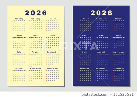Calendar 2026, Week Starts Sunday, two Page A4. Design Planner Template. Print. Business minimal modern 2026 calendar. 131523551