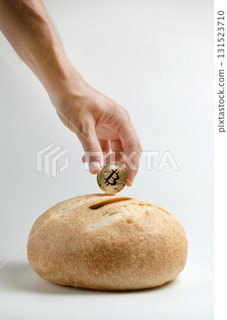 A man's hand inserts a physical Bitcoin coin into a loaf of bread with a slot. A man's hand inserts a physical Bitcoin coin into a loaf of bread with a slot. 131523710