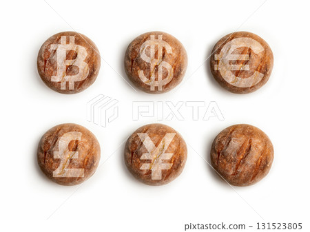 A collage of five bread loaves with currency symbols A collage of five bread loaves with currency symbols 131523805