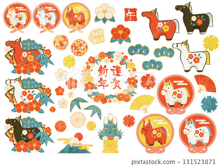 馬年新年賀卡圖示套裝，復古色彩，插圖，可愛，新年 131523871