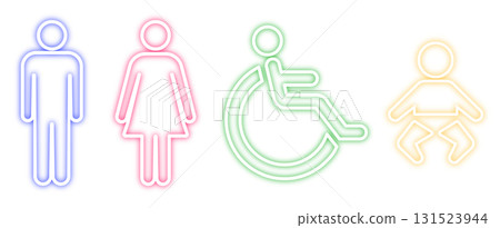 Neon toilet pictograms: wheelchair, man, woman, baby, illustration material 131523944