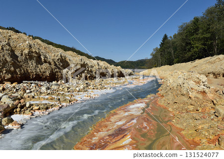 Toxic mine water discharge, acid mine drainage contaminates the environment Toxic mine water discharge, acid mine drainage contaminates the environment 131524077