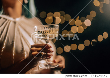 Woman With Champagne In Retro Styled Glass Goblet. Wedding Party Celebration. 131524347