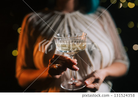 Woman With Champagne In Retro Styled Glass Goblet. Wedding Party Celebration. 131524358