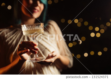 Woman With Champagne In Retro Styled Glass Goblet. Wedding Party Celebration. 131524371
