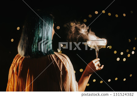 Beautiful Woman With Blue Dyed Hair And In Holiday Outfit Celebrating Wedding  131524382