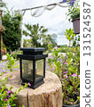 Empty Black Lantern on a Wooden Log in an English Garden. 131524587