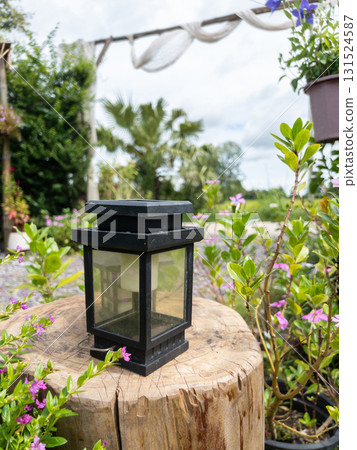 Empty Black Lantern on a Wooden Log in an English Garden. 131524587