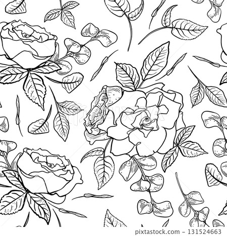Romantic Floral vector seamless pattern. Black white repeating design with rose bouquets and eucalyptus line art. Monochrome camellia silhouette texture background for textiles. Flowers outline draw. 131524663