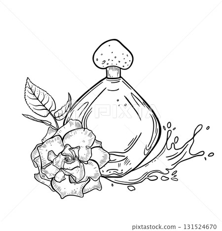 Hand drawn perfume bottle with rose and water splashes in line art isolated background. Black white vector illustration for feminine gift packaging and print. Monochrome sketch for Mother's Day. 131524670