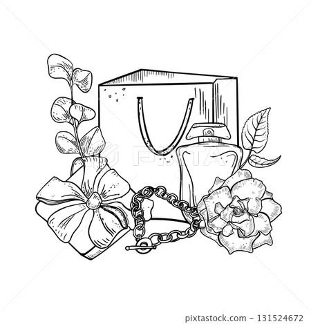 Shop paper bag, gift box with bow and floral elements black white vector illustration. Girls bracelet and perfume outline hand drawn. Feminine accessories line art sketch for gift cards, certificate. Shop paper bag, gift box with bow and floral elements black white vector illustration. Girls bracelet and perfume outline hand drawn. Feminine accessories line art sketch for gift cards, certificate. 131524672