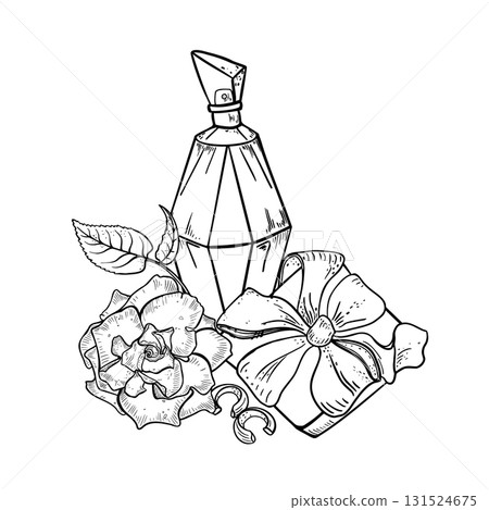 Women's day vector drawing black white Perfume bottle, flower and jewelry with gift box. Monochrome line art for Mother's Day greetings. Print with flowers and girls items. Women's day vector drawing black white Perfume bottle, flower and jewelry with gift box. Monochrome line art for Mother's Day greetings. Print with flowers and girls items. 131524675