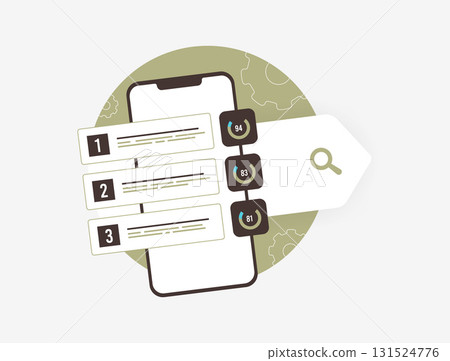 Mobile SEO vector illustration. Smartphone search optimization with top ranking results with percentage scores and magnifying search bar for digital mobile seo analytics and visibility 131524776