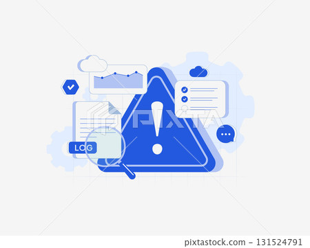 Error log analysis with alert warning sign. Risk monitoring system and incident response system, cloud security icons, checklist and data chart elements. Cybersecurity management vector illustration 131524791
