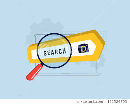 Visual search technology with AI-based image recognition to power search engine results. Analyzing visual input, matching objects, improving SEO marketing and product discovery vector illustration 131524793