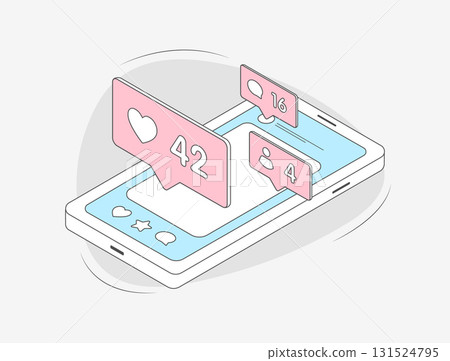 Social media notifications vector illustration features mobile engagement with pink like bubbles showing hearts, likes, and comments on blue smartphone for social media app interaction metrics Social media notifications vector illustration features mobile engagement with pink like bubbles showing hearts, likes, and comments on blue smartphone for social media app interaction metrics 131524795