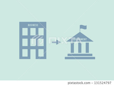 Business to government vector illustration depicts corporate office arrow to capitol building with flag for B2G partnerships, regulatory compliance, and public-private sector collaboration 131524797