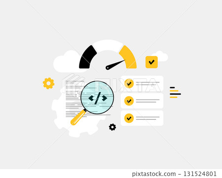Code optimization inspection reveals performance boosts via magnifying glass on scripts, speed gauge, gears, and verified checklists in software development. Technical seo optimization illustration 131524801
