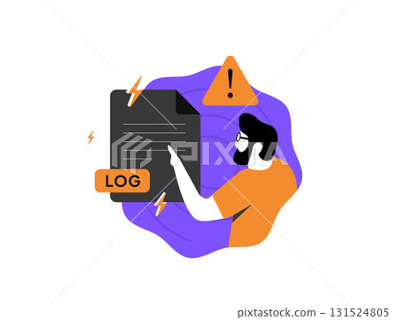 Error log vector illustration depicts developer reviewing system alert icon for troubleshooting, featuring warning triangle and lightning crash symbols in IT support graphics. Vector illustration Error log vector illustration depicts developer reviewing system alert icon for troubleshooting, featuring warning triangle and lightning crash symbols in IT support graphics. Vector illustration 131524805