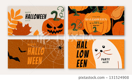 Halloween set vector background. Trendy modern illustration with pumpkins, ghost, bat, spider web, autumn leaves and typography design. Cute banners for sale, template social media Halloween set vector background. Trendy modern illustration with pumpkins, ghost, bat, spider web, autumn leaves and typography design. Cute banners for sale, template social media 131524908