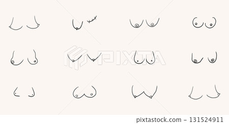 Breast set body positive woman collection doodle, body shape natural. Simple kinds of woman breast. Hand drawn design. Breast set body positive woman collection doodle, body shape natural. Simple kinds of woman breast. Hand drawn design. 131524911